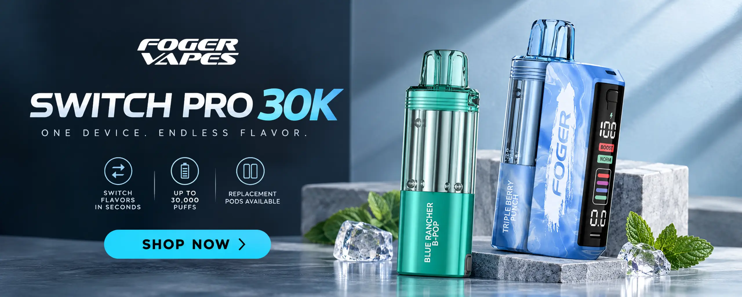 Foger Switch Pro 30K wholesale: up to 30,000 puffs per pod, 5% (50mg), 19mL, 80 flavors, swap-and-go replacement pods. Licensed retailers, no minimum order.