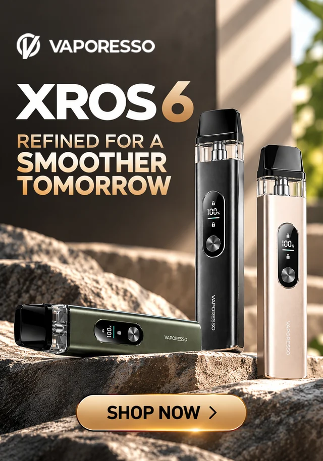 Vaporesso XROS 6 pod kit in black, gold and green, shown on stone with 100% battery displays