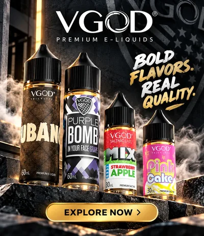 VGOD wholesale e-liquid: 4 lines across 37 flavors — 60mL freebase in 3mg and 6mg, 70/30 VG/PG, and 30mL SaltNic in 25mg and 50mg, including Cubano, Purple Bomb, Berry Bomb and Lush Ice. Licensed retailers, no minimum order.
